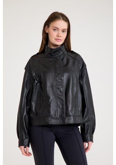 Oversize Bayan Deri Ceket Vb-12-bk-2828-24083 Siyah