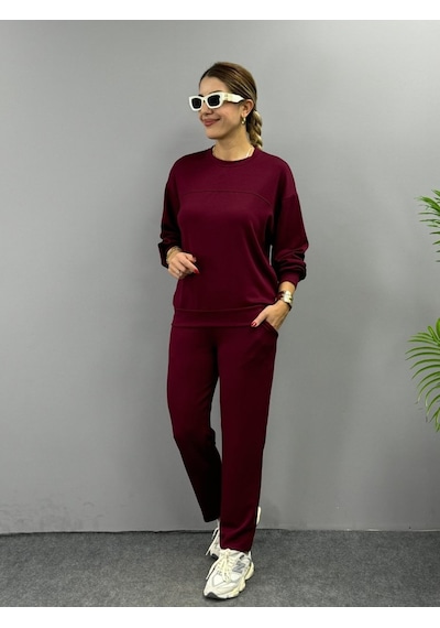 Sidelya Concept Kadın Uzun Kollu Bisiklet Yaka Viskon Iki Iplik Bluz Ve Pantolon Ikili Takım Bordo