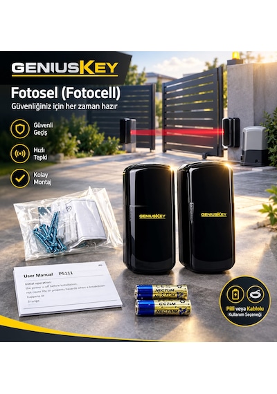 Geniuskey Pilli Fotosel Otomatik Kayar Kapı Motoru Emniyet Sensörü Kablosuz Ve Kablolu Fotosel Takımı