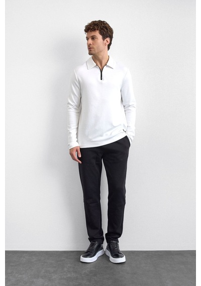 Backandbond Beyaz Regular Fit Gömlek Yaka Yarım Fermuarlı Sweatshirt
