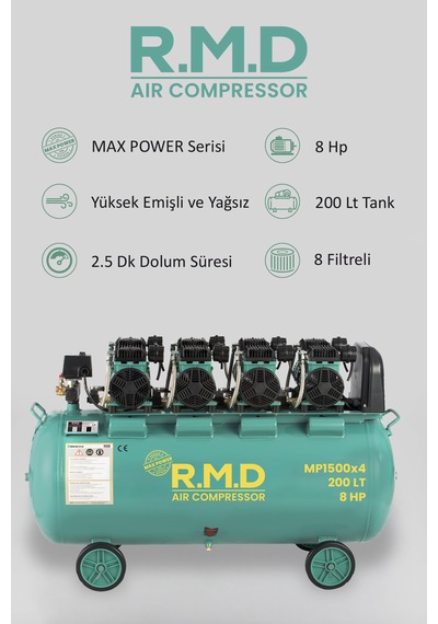 200 Lt 8 Hp 8 Bar Yüksek Emişli Yağsız Teknoloji Hava Kompresörü