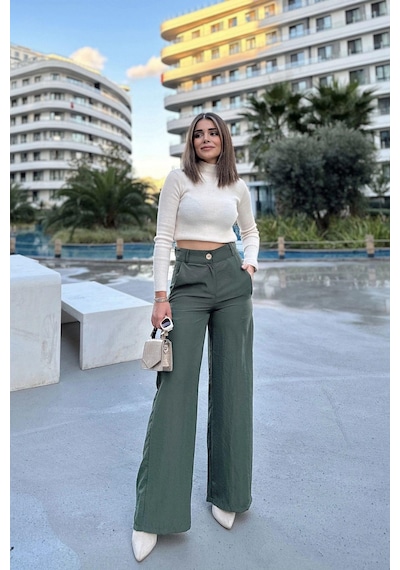 WeShaya Kadın Haki Yüksek Bel, Cepli, Bol Paça Pantolon Haki