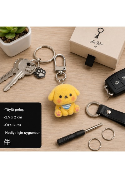 Puffy Pati Sarı Peluş Köpek Charm Anahtarlık Sevimli Çanta Aksesuarı Hediye