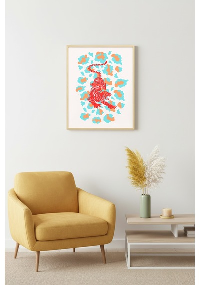 Doğal Ahşap Çerçeveli Retro Kaplan Tablo - Safari Hayvanları Sanat Baskısı Huhu2409