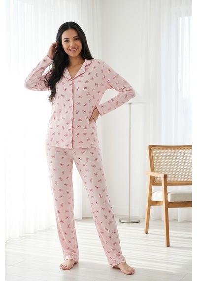 Mataş Kadın Pembe Çiçek Desenli Bambu Viskon Uzun Kollu Soft Örme Pijama Takımı