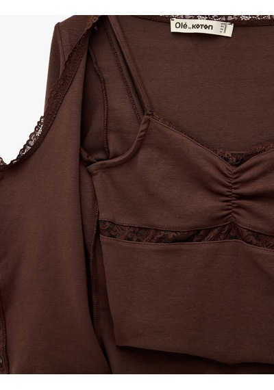 Koton Modal Karışımlı Dantel Detaylı Slim Fit Kısa Kollu U Yaka Hırka Kahverengi 6sal90025ık Kahve