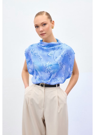 Sateen Kısa Kollu Desenli Bluz - Mavi-137043 Mavi