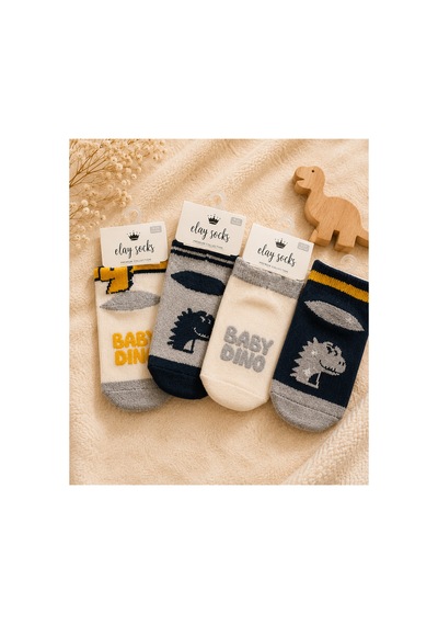 Olay Socks 4'lü Erkek Bebek Dinozor Desenli Pamuklu Çorap Seti Çok Renkli