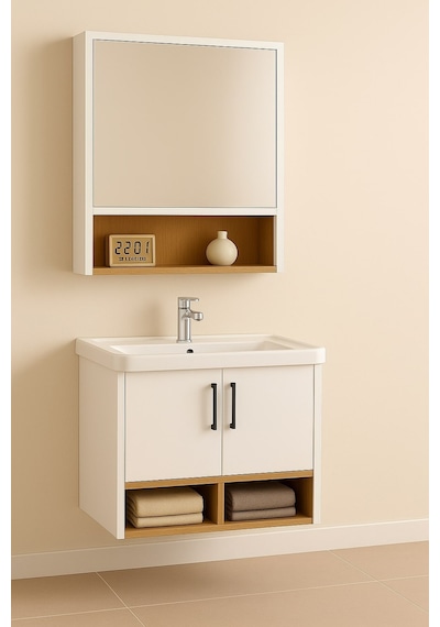 Dmz Home Concept Legna 65 Cm Banyo Dolabı Takımı Beyaz & Ahşap Mdf Seramik Lavabolu Alt Ve Üst Dolap