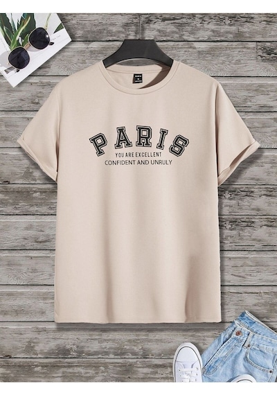 Flood Of Style Erkek Bej Paris Baskılı Oversze Bisisklet Yaka Tişört