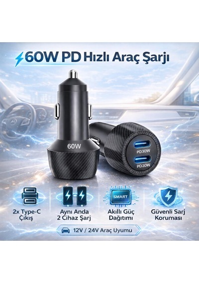 Coofbe Şarj Akım Korumalı 60w 2 Portlu Araç Şarj Aleti Araç Çakmaklık Şarj Aleti 2xtype-c Giriş 12v / 24v ' Siyah