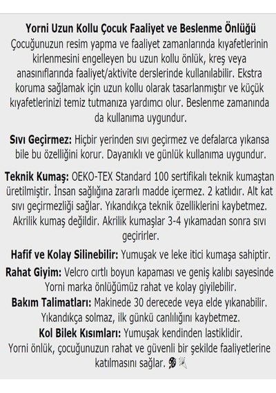 Jungle Çocuk Aktivite Önlüğü Uzun Kollu Sıvı Geçirmez 7-10 Yaş