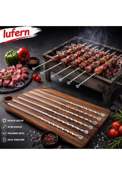 Yüksek Isıya Dayanıklı Burgulu Kuşbaşı Şişi Metal Kalın Kare Mangal Ateş Et Tavuk Sucuk 50 Cm