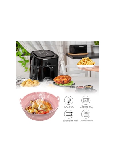 Katlanabilir Airfryer Pişirme Kabı Silikon Pişirme Seti 6 Litreye Kadar Tüm Cihazlara Uygun Pembe