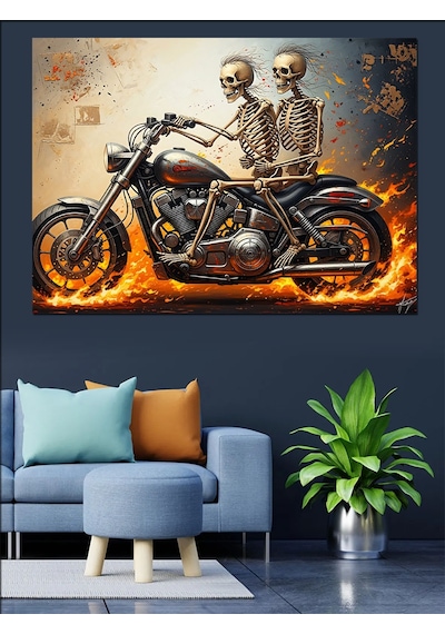 Ahşap Tablo Alevler İçinde Motosikletli İskeletler