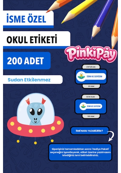 İsim Yazılabilir Sevimli Uzaylılar Temalı Okul Etiketi Kalem & Defter İçin 200 Adet Çoklu