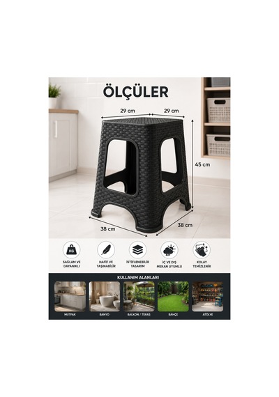 Nova 6 Lı Rattan Desenli Büyük Boy Tabure Seti Siyah 45 Cm Sağlam İstiflenebilir Çok Amaçlı Plastik Tabure Siyah