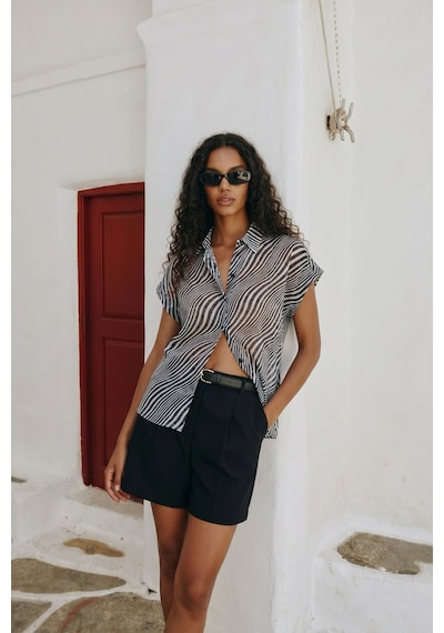 Sateen Kısa Kollu Zebra Desenli Gömlek - Siyah-137641