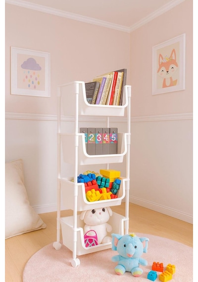 4 Katlı Tekerlekli Organizer Raf Oyuncak Dolabı,mutfak Rafı , Banyo Rafı , Kiler Düzenleyici Sepet Beyaz
