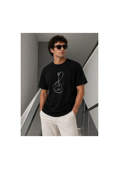 Butik İstanbul Erkek Minimal Gitar Baskılı Tişört T-shirt Yazlık Kısa Kol Bisiklet Yaka T-shirt - Siyah