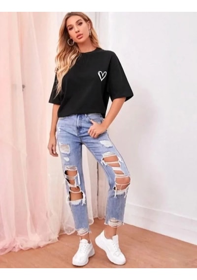 De'charme Bisiklet Yaka Baskılı Oversize T-shirt - Siyah