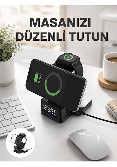 Kablosuz Şarjlı Dijital Masa Saati - 3 Parlaklık Seviyeli Led, Hızlı Şarj Yeni Nesil Diğer