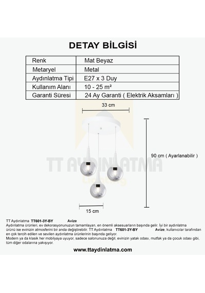 Tt601-3y-fullby Tt Aydınlatma Mat Beyaz 3 Lü Uzun Hunili Yuvarlak Beyaz - Füme Cam