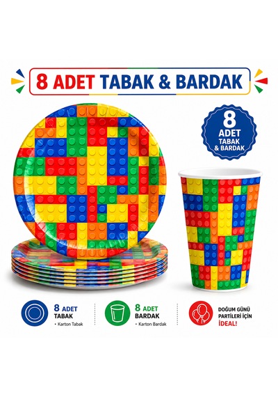 Blok Temalı Doğum Günü Karton Tabak Bardak Seti 16 Parça 8 Adet Tabak + 8 Adet Bardak Çocuk Parti Malzemeleri