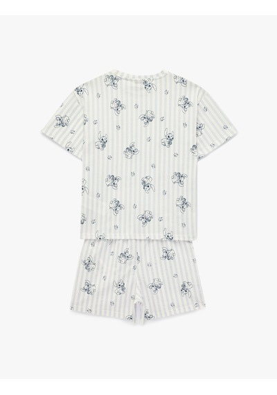 Koton Lisanslı Pamuklu Stitch Baskılı Kısa Kollu Şortlu Pijama Takımı Mavi Çizgili 6slk40209mk
