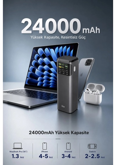 Exenar - Siyah - 24000mah 200w Powerbank 140w Usb-c Çıkış Dijital Ekran 3 Port Laptop Telefon Taşınabilir Şarj Cihazı