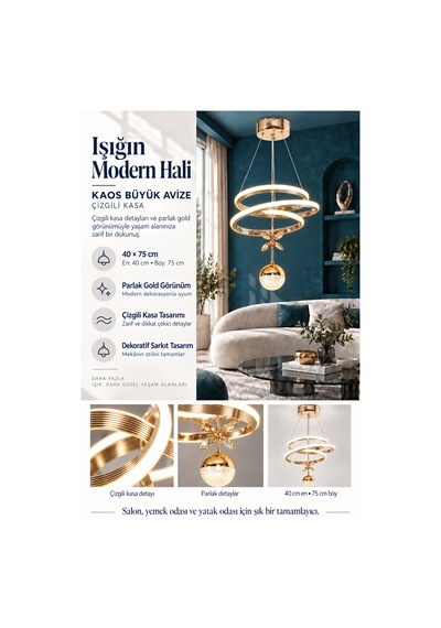 Kaos Büyük Modern Ledli Avize Çizgili 3 Renk Power Ledli Gold Kaplama Kumandalı Yatak Odası Salon Mutfak