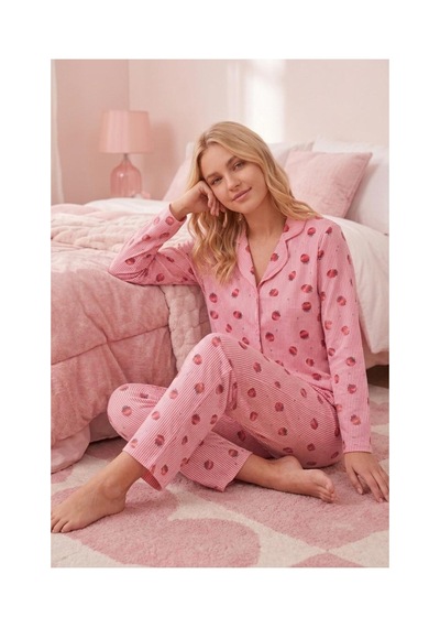 Fit Women Çilek Desenli Uzun Kollu Pijama Takımı 4605 -pembe Açık Pembe