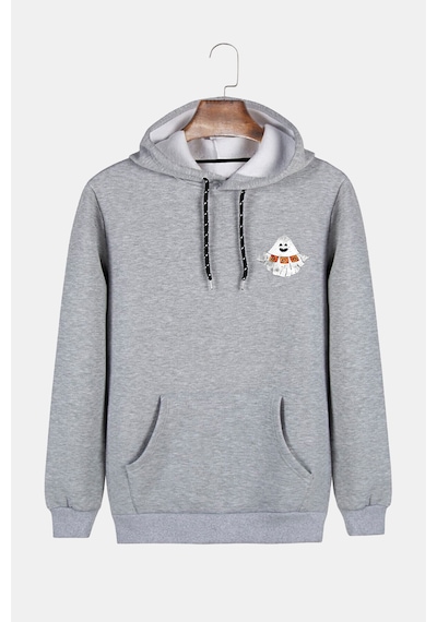 Unisex Gri Kapüşonlu Cadılar Bayramı Minimal Baskılı Slim Fit Kanguru Cepli Sweatshirt Gri