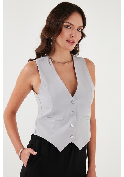 Lela Fitted Fit Düğmeli V Yaka Düğmeli Bayan Yelek 6696796 Açık Gri