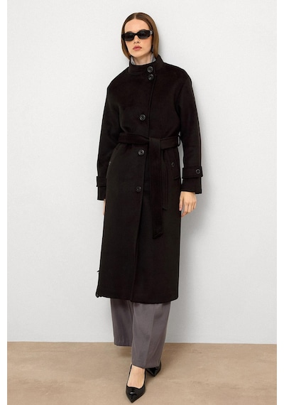 Olcay Dik Yaka Oversize Uzun Kaban Siyah 3124