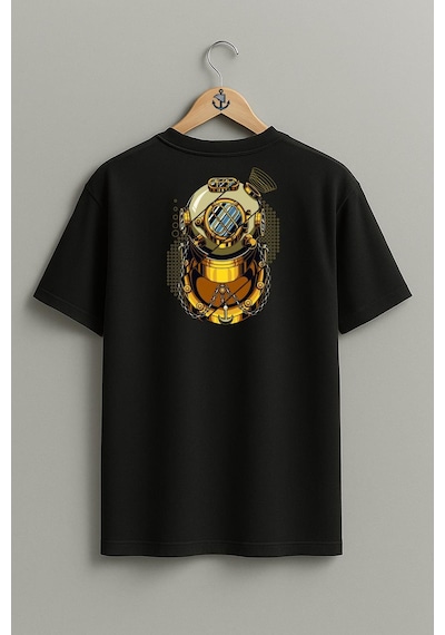 Oversize Gold Dalış Başlığı Cep Ve Sırt Tasarımlı Unisex T-shirt Siyah