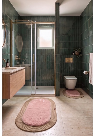 Banyo Paspası Takımı 60x100+40x60 Cm Düz Pembe & Camel