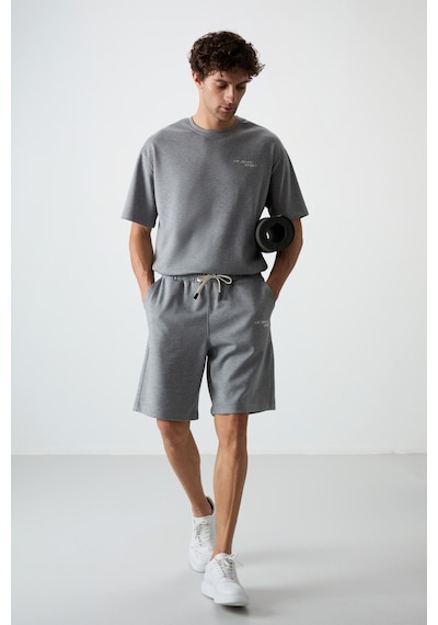 Gri Melanj Pamuklu Kalın Yumuşak Dokulu Oversize Fit Nakışlı Erkek Şort Takım - 85250 GRİ MELANJ