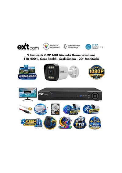 9 Kameralı 2 Mp Ahd Güvenlik Kamera Sistemi 1tb Hdd'li, Gece Renkli - Sesli Sistem - 20 İnç Monitörl