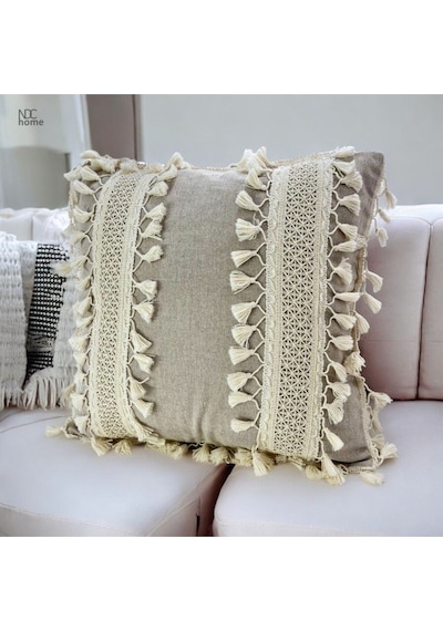 Dnc Home Tekstil Ndchome Bej Keten Kalın Dantel Ponponlu Kırlent Kırlent Kılıfı 43 X 43