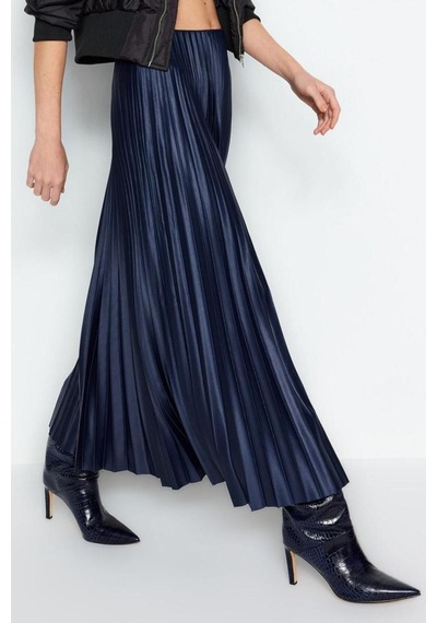 Ersefa Moda Regular Düz Desen Günlük Maxi Boy Piliseli Maxi Esnek Örme E Lacivert
