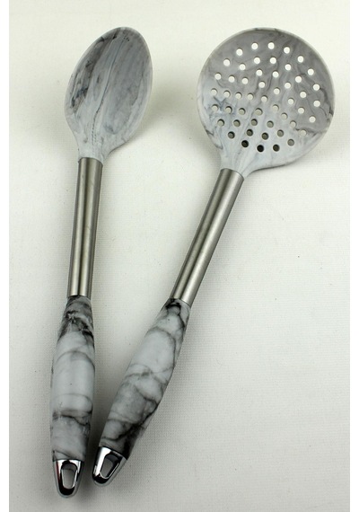 2 Li Marble Silikon Servis Seti Metal Sap Kevgir, Kaşık