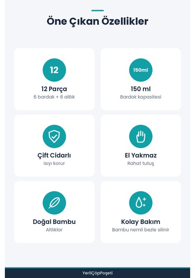 12 Parça Çay Seti - Bambu Bardak Altlığı - Çift Cidarlı Cam - 150 Ml Şeffaf
