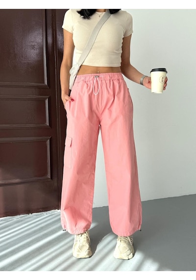 Zeo Basic Paraşüt Kumaş Kargo Cepli Bel Ve Paça Lastikli Pantolon Pembe Pembe