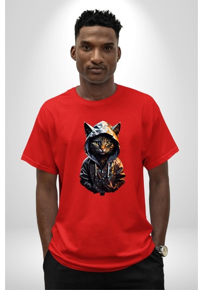 Hip Hop Gençlik Kedi Çeket Pamuklu Bisiklet Yaka Unisex Oversize Boyfriend Dijital Baskılı Kırmızı T-shirt Kırmızı