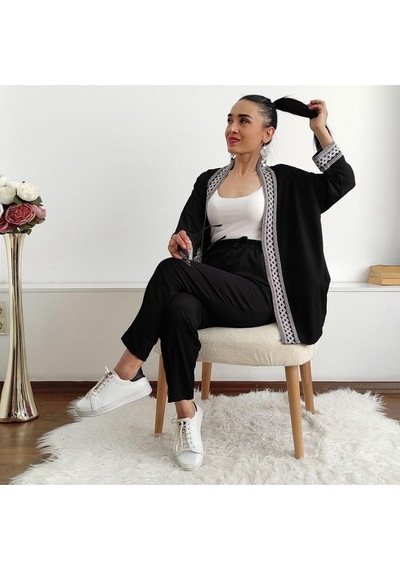 İpli Dar Nakışlı Kimono Takımı Siyah