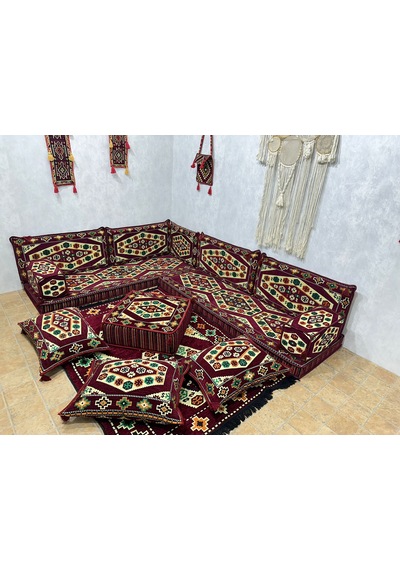 Coton Şark Köşesi Yörük Desenli Minder Takımı Bordo 18 Parça
