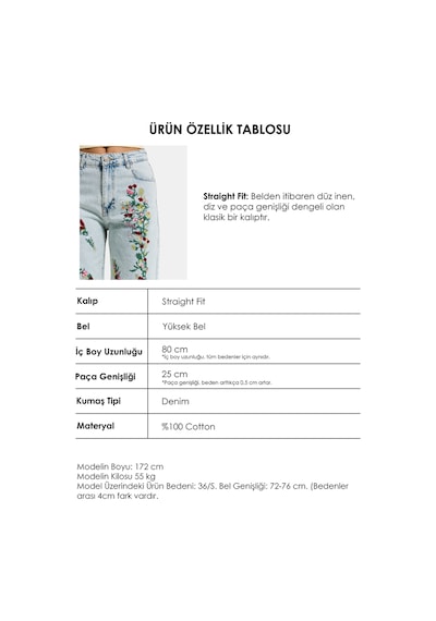 Itsbasic Kadın Kot Rengi 3s6-75 Straight Fit Çiçek Nakışlı Özel Tasarım Denim Jean Mavi