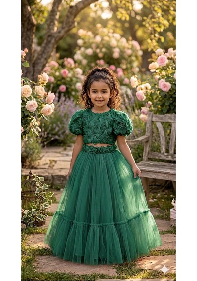 Star Kids Fashion Kız Çoçuk Zümrüt Yeşili Gül Detaylı Crop Elbise, Kız Çoçuk Doğum Günü Elbisesi Yeşil