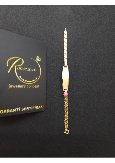 Pembe Taşlı Pullu Bebek Altın Künye Bileklik 1.70 Gram